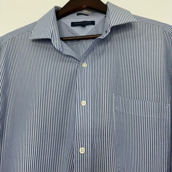 Tommy Hilfiger Mens Dress Shirt Regular Fit Blue Stripes 17 34/35 Business Work - Picture 3 of 5